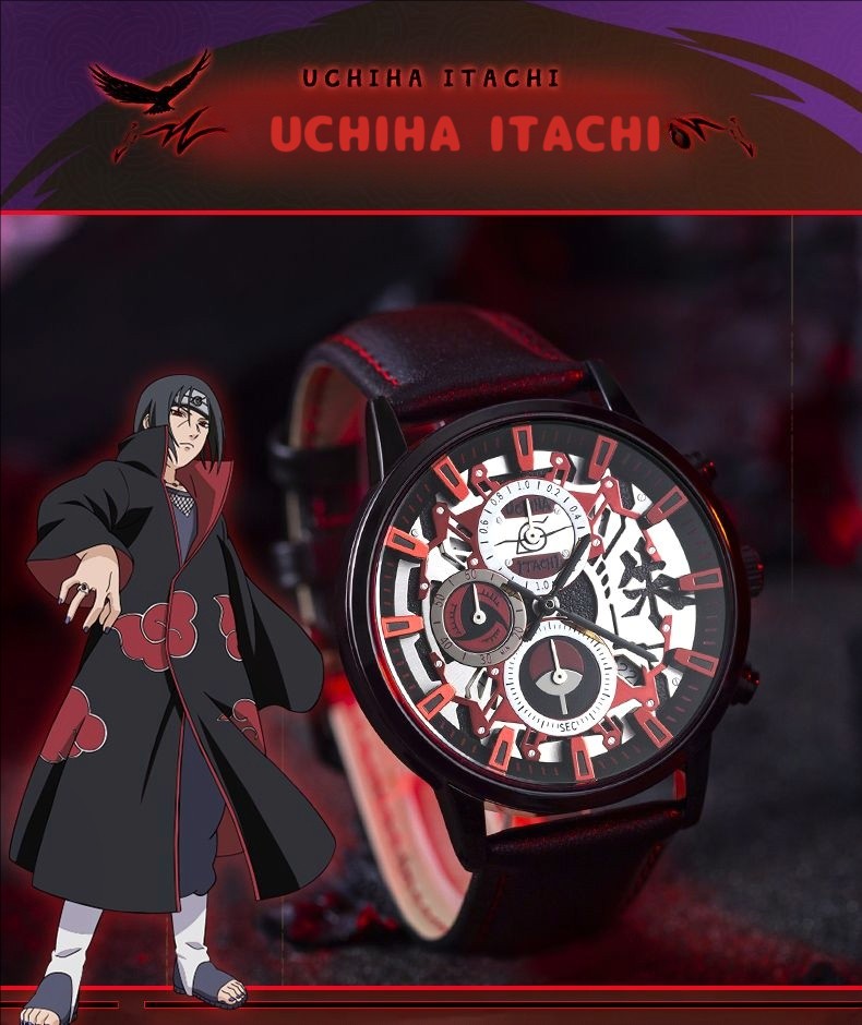 The official Naruto collaboration watch: Anime-themed wristwatch featuring Naruto, Uchiha Sasuke, Itachi, and Kakashi.