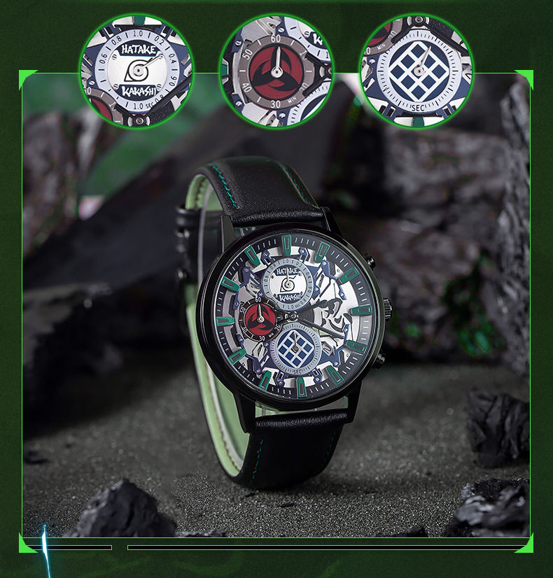 The official Naruto collaboration watch: Anime-themed wristwatch featuring Naruto, Uchiha Sasuke, Itachi, and Kakashi.