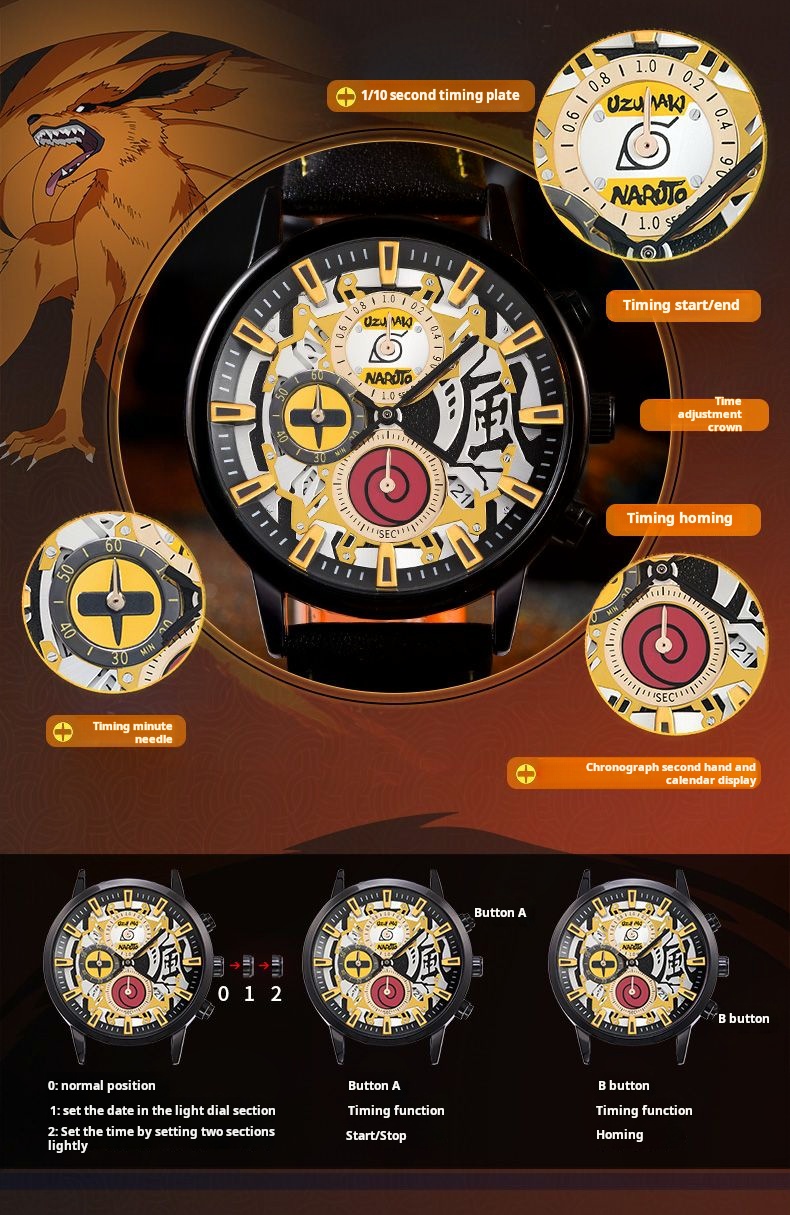 The official Naruto collaboration watch: Anime-themed wristwatch featuring Naruto, Uchiha Sasuke, Itachi, and Kakashi.