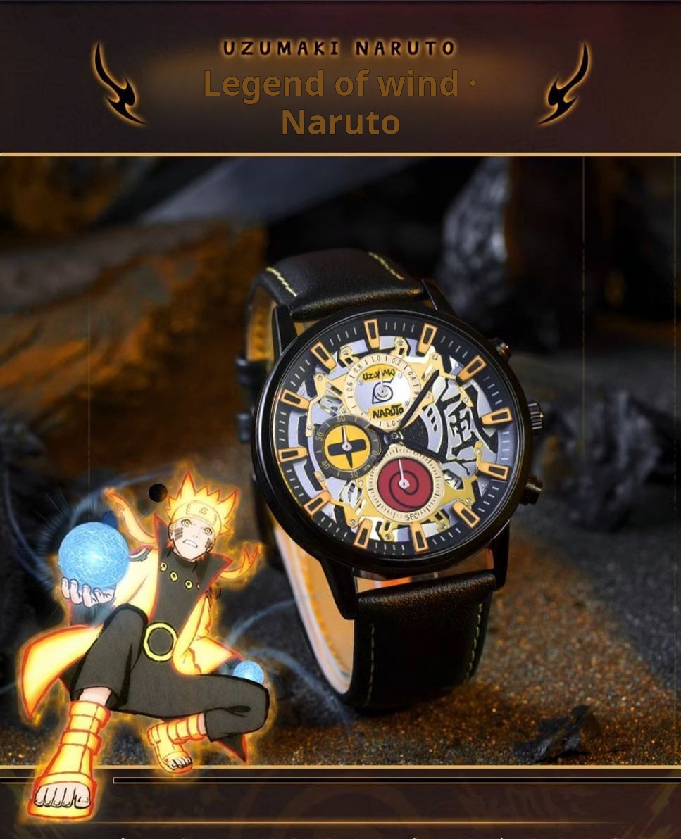 The official Naruto collaboration watch: Anime-themed wristwatch featuring Naruto, Uchiha Sasuke, Itachi, and Kakashi.