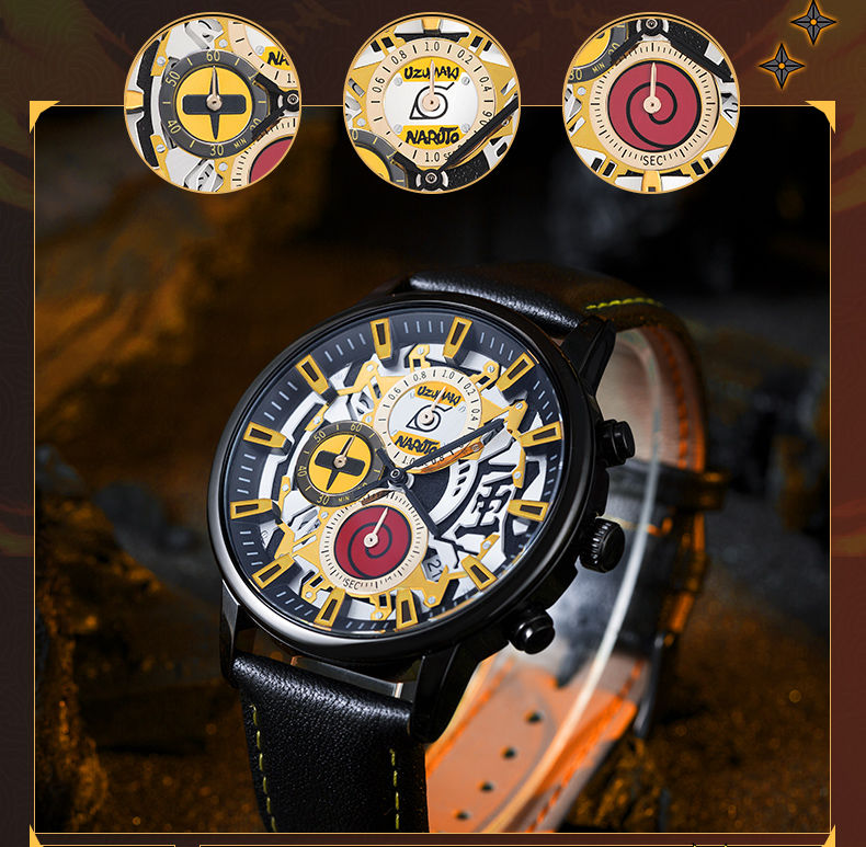 The official Naruto collaboration watch: Anime-themed wristwatch featuring Naruto, Uchiha Sasuke, Itachi, and Kakashi.