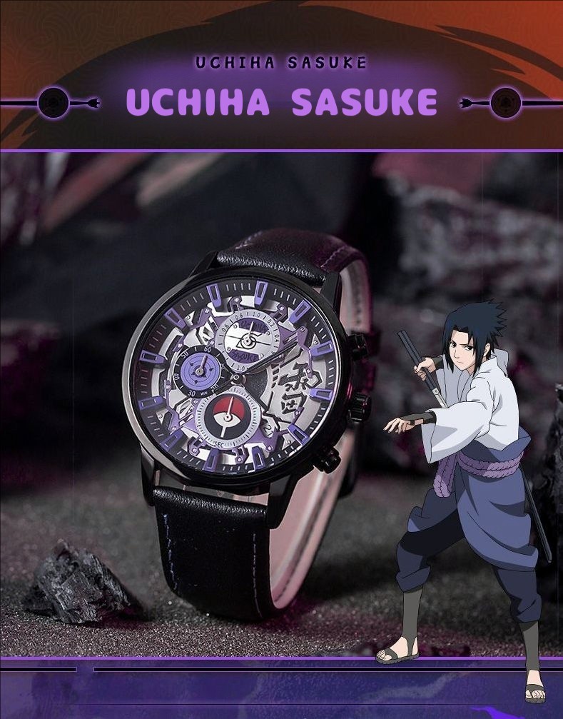 The official Naruto collaboration watch: Anime-themed wristwatch featuring Naruto, Uchiha Sasuke, Itachi, and Kakashi.